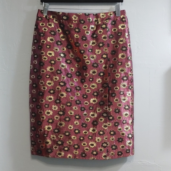 J Crew Metallic Purple Floral Straight Skirt with Gold and Black Accents - Picture 1 of 5